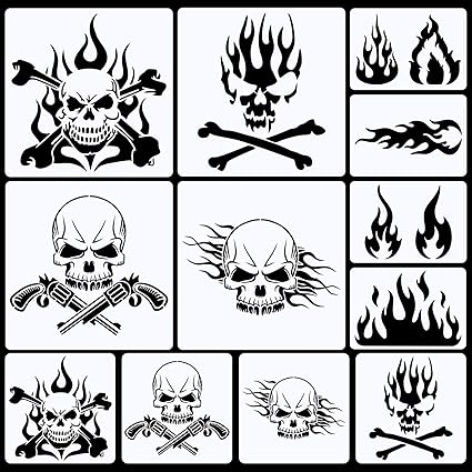 12 Pcs Skull Stencil Flame Stencil Fire Skull Stencils for Airbrushing Reusable Airbrush Flame Template Flame Painting Decor Laser Cut Reusable Templates for Auto Motorcycle Cloth (Classic Style)