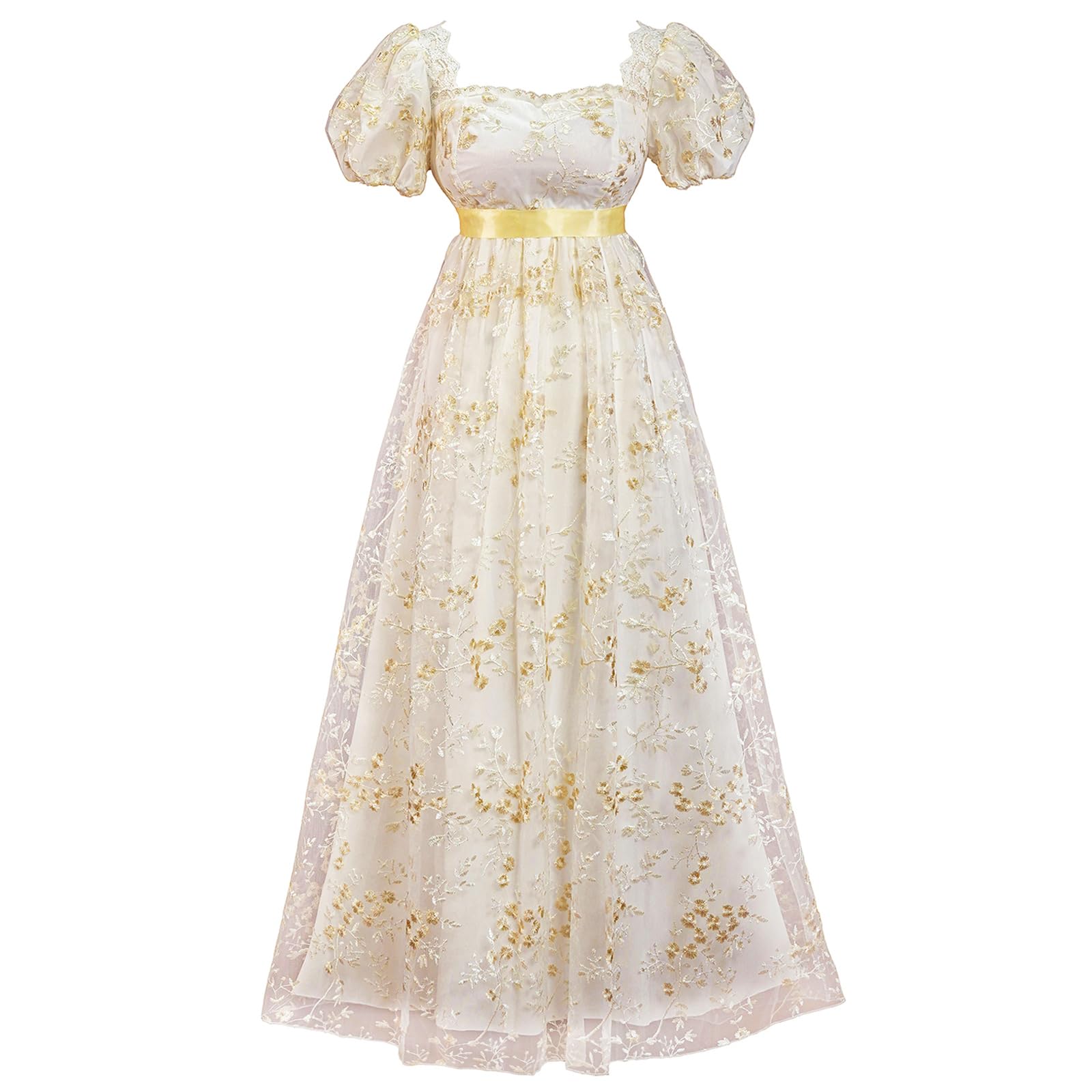 Mikan Tsumiki Gold Regency Dresses for Bridgerton Women Lace Empire Waist Dress Victorian Rococo Ball Gown 1800s Vintage Costume XXL