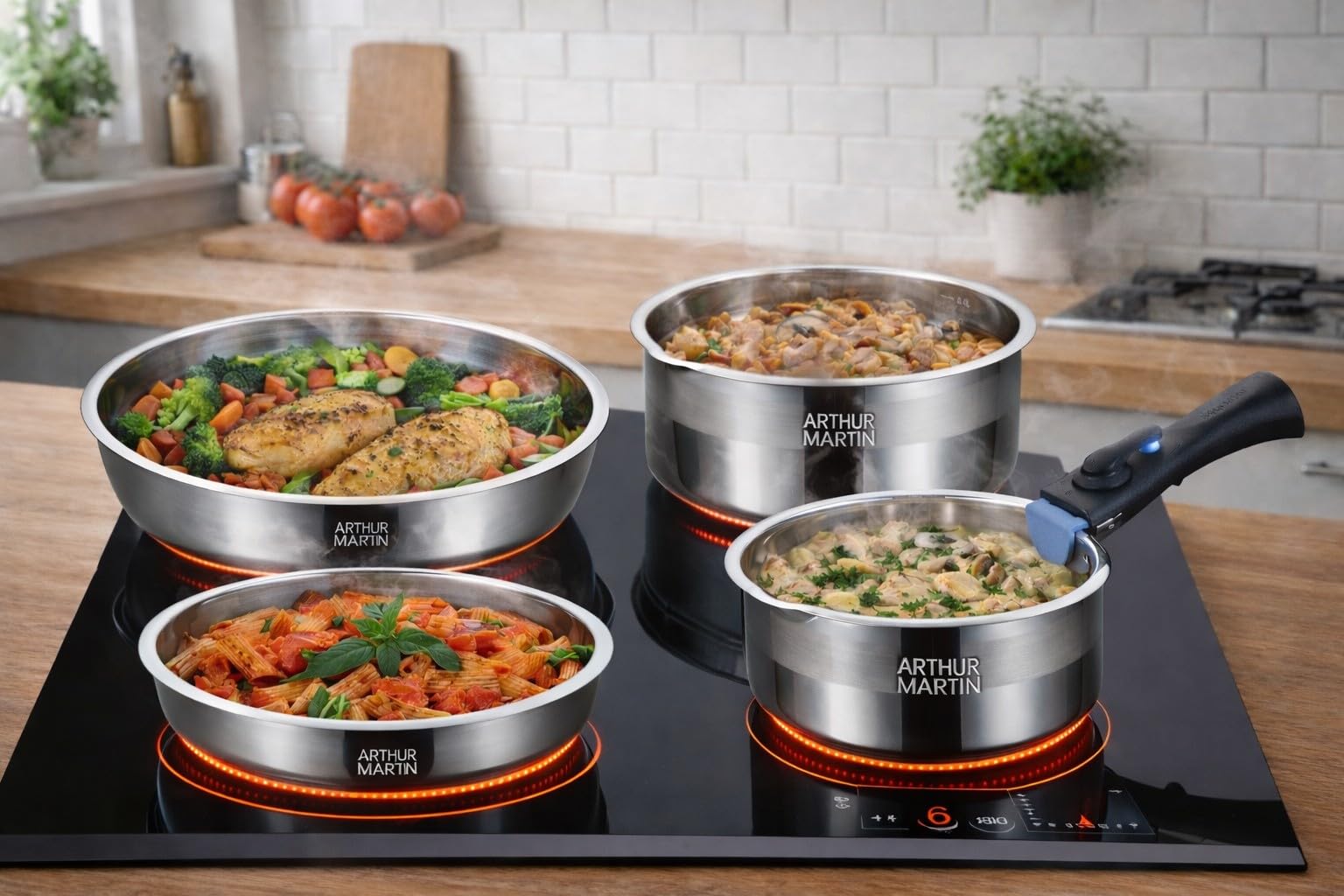Arthur Martin - Batería de Cocina 10 Piezas Acero Inoxidable 18/10 - Apta Inducción - Sartenes Ø20/22/26 Cacerolas Ø16/18/20-3 Tapas Vidrio, Pico Vertedor