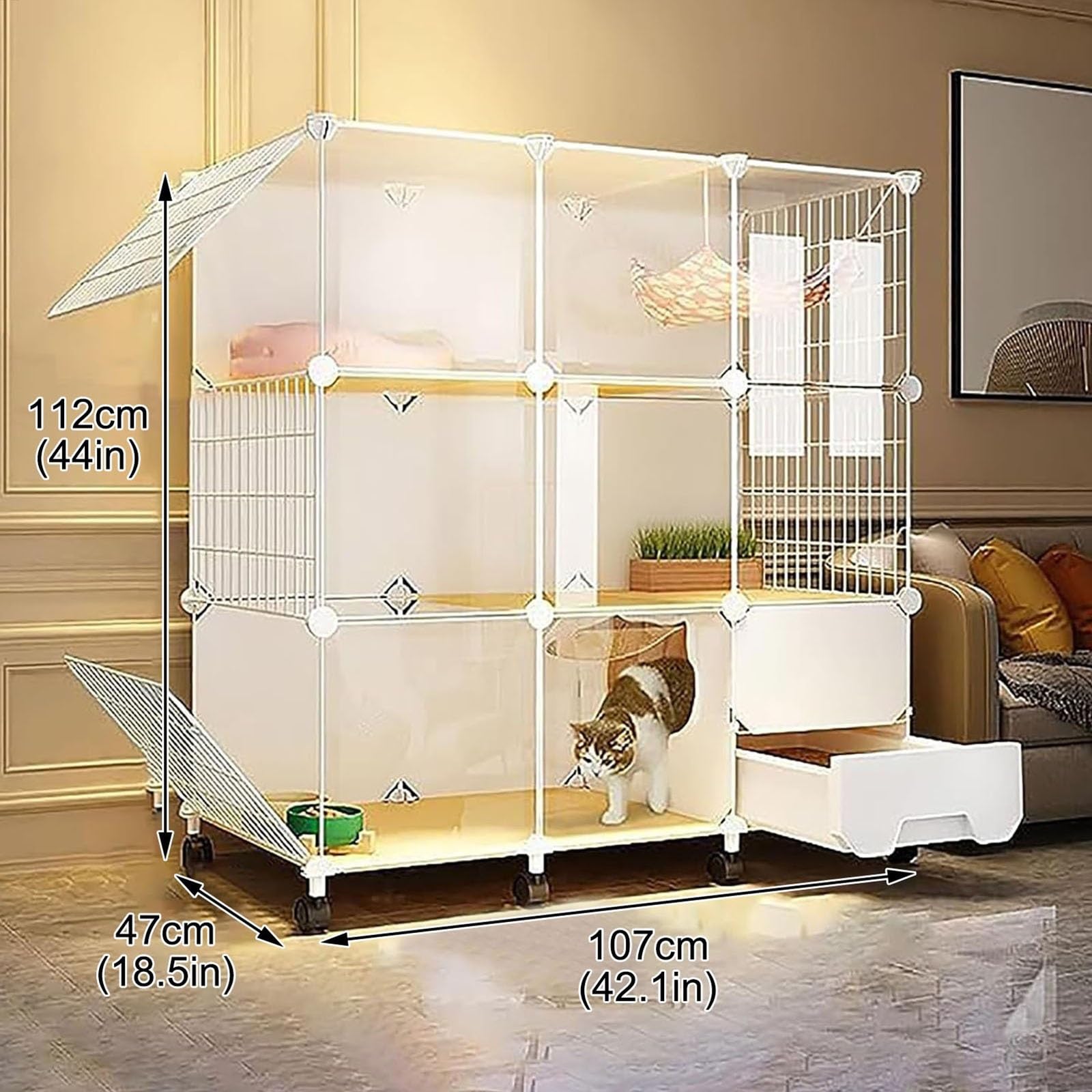DIY Jaulas para Gatos Grandes, Corral para Gatos con Arenero, con Ruedas, Fácil de Mover. Base de Resina para Proteger Las Patas(107 * 47 * 112cm)