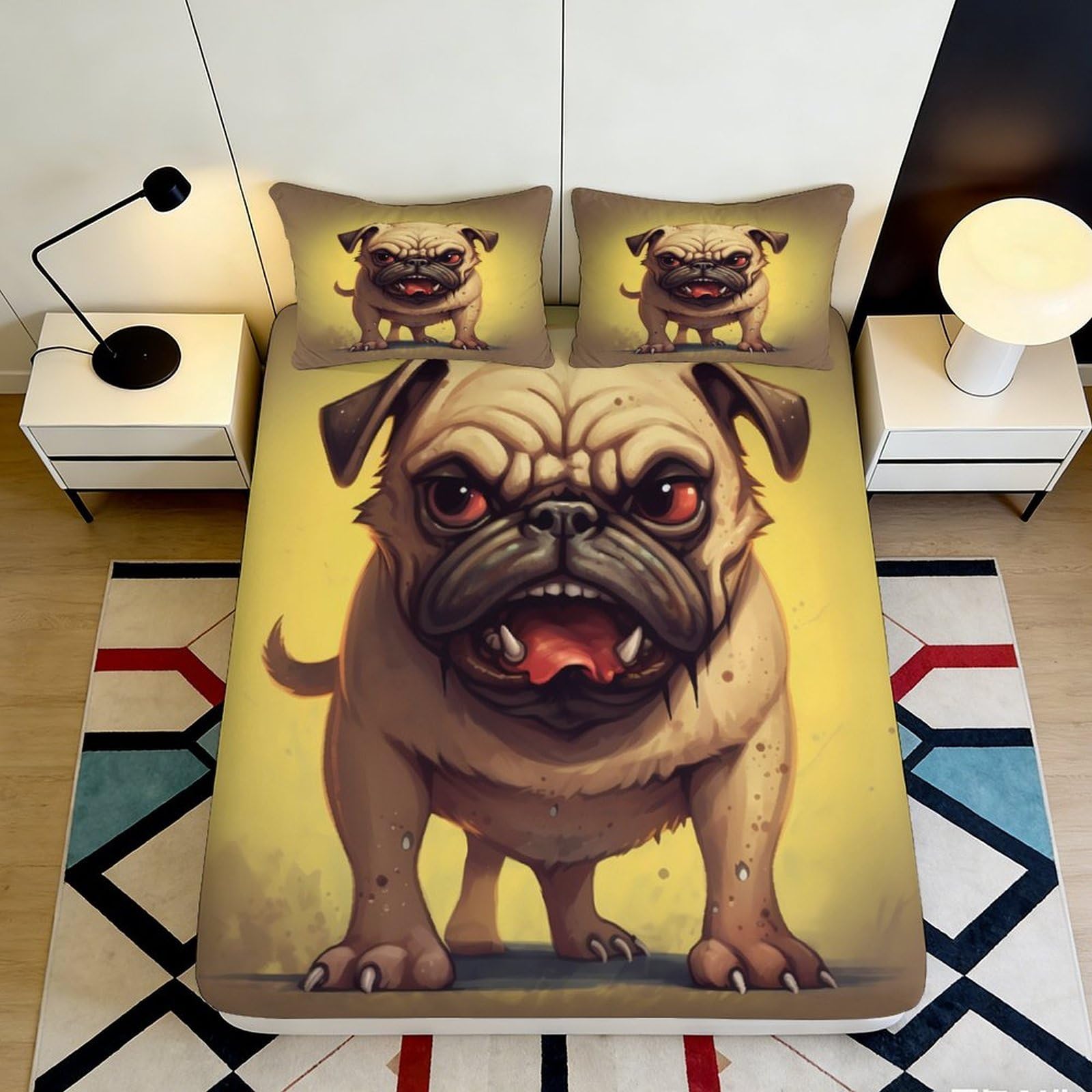 3D Printed Fierce Bulldog Fitted Sheet Microfiber Funny Cartoon Dog Mattress Cover for Bedroom Guest Room Dorm Decor 90x200x25cm