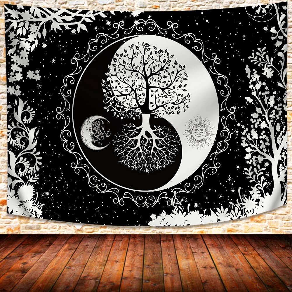 UHOMETAP Sun and Moon Wall Hanging Tapestry Yin Yang Art Tree of Life Bohemian Hippie Black White Wall Decor Blanket for Living Room Bedroom Dorm 93x71 Inches GTQQUH1003