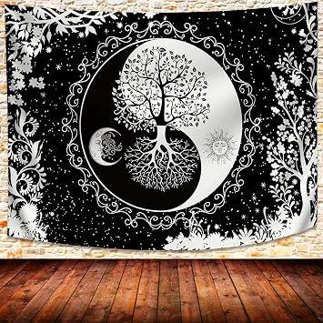 UHOMETAP Sun and Moon Wall Hanging Tapestry Yin Yang Art Tree of Life Bohemian Hippie Black White Wall Decor Blanket for Living Room Bedroom Dorm 93x71 Inches GTQQUH1003