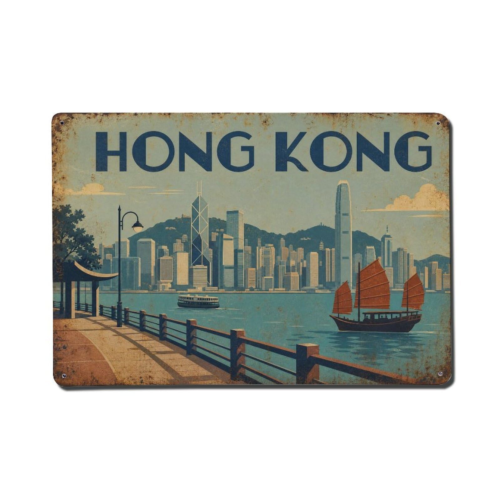 Metal Tin Sign Vintage Travel Hong Kong Waterfront