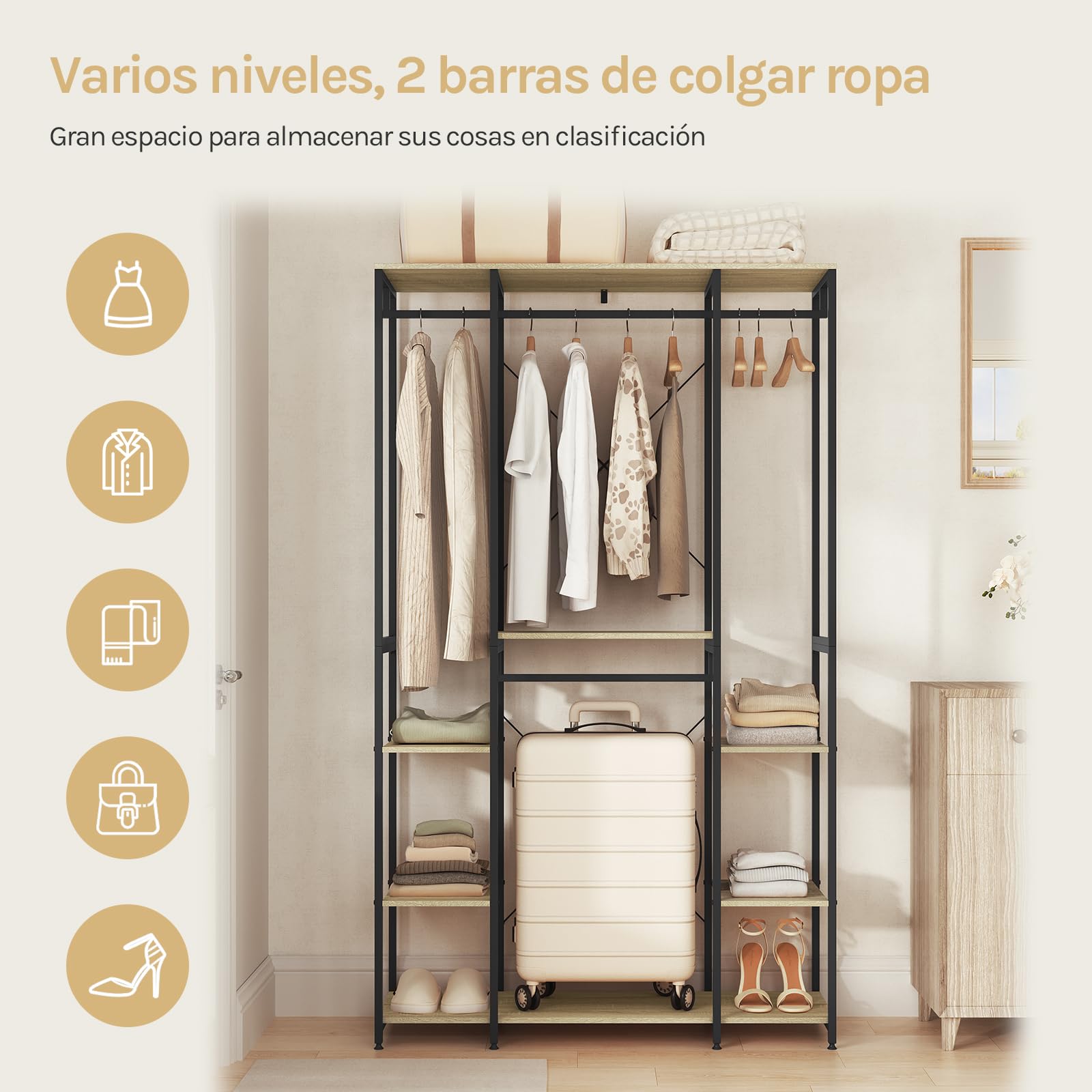 WOLTU Perchero Armario Burro Ropa Perchero Zapatero con 6 Estante Multiusos Fuerte Metal y Madera de Estilo Industrial Roble Claro+Negro