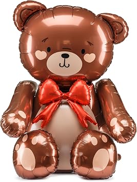 Large Teddy Bear Foil Balloon PartyDeco 29.5x33 Inch Giant Brown Bear Balloon with Red Bow Birthday Party Decorations, Romantic Gift, Anniversary, Engagement, Cute Teddy Balloon
