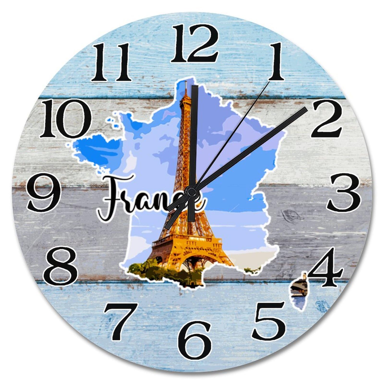 Horloge murale silencieuse 30,5 cm avec carte de France pour salon et chambre