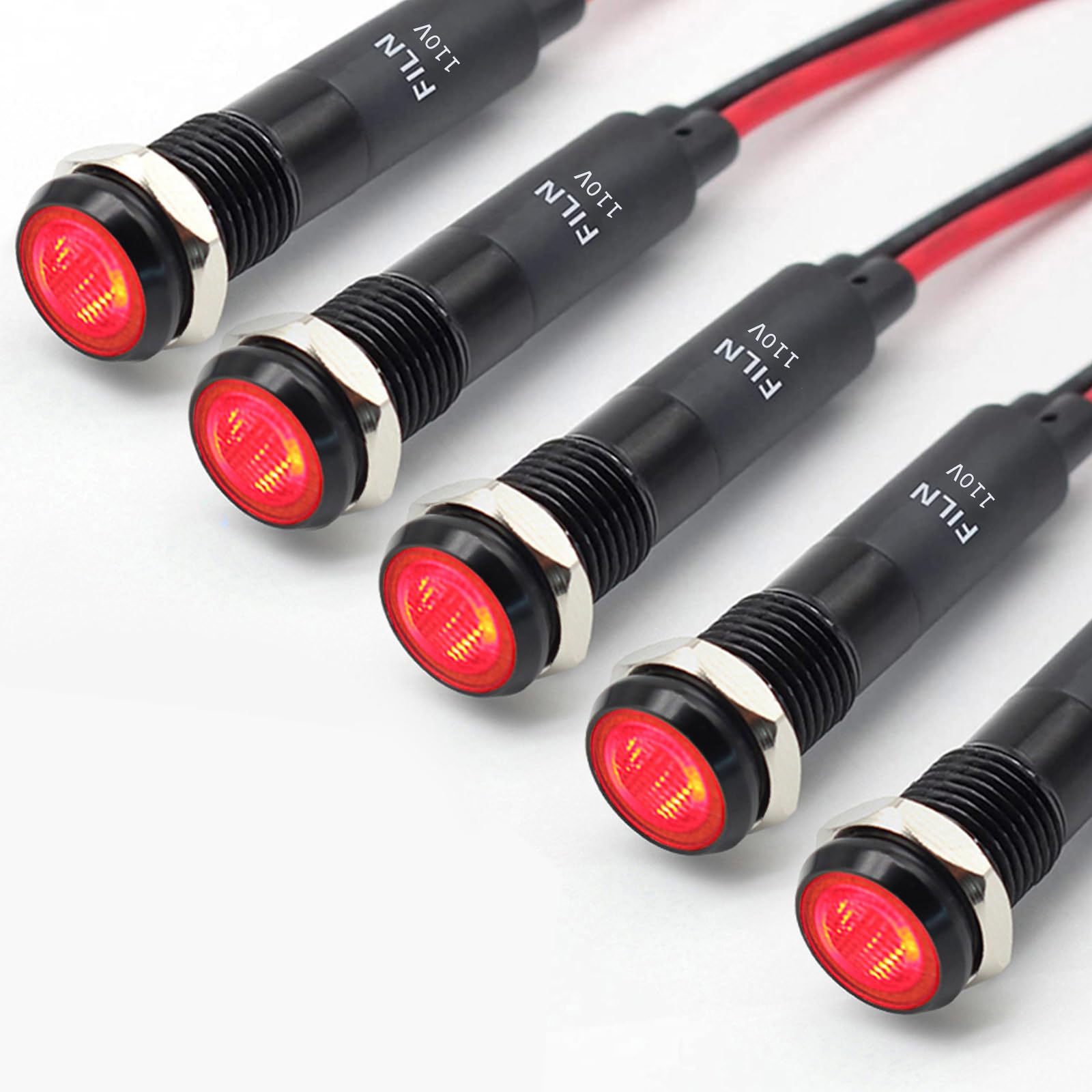5Pcs 8MM (5/16'') Indicator Light led Indicator 110v 120v Metal Pilot Lamp Lights Aluminum Black Anodized Waterproof ip67 Red Signal Lamp Light(110V-Black Anodized-Red 5Pcs)