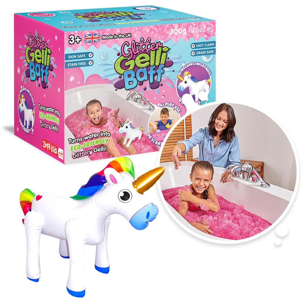 ZIMPLI - Glitter Gelli Baff Pink with Inflatable Unicorn, 1 Bath or 6 Play Uses, Magically turns water into thick, colourful goo, Multi-Sensory Bath Toy