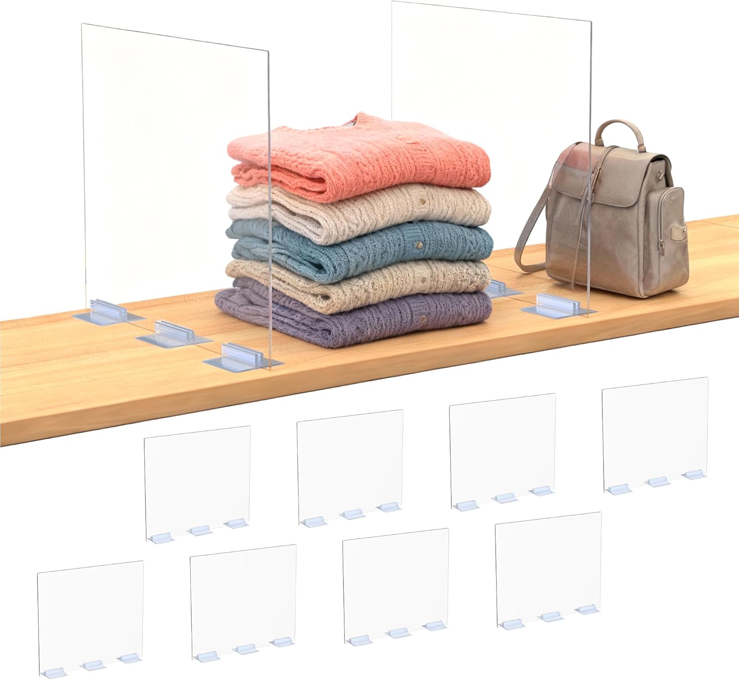 Acrylic Shelf Dividers for Closet Organization: Clear Removable 10/11.8" Tall X 11.8/10" Deep Clipless Separators 8 Pack for All Cabinets, Vertical Adjustable Storage Clothes, Purse, Bag Organizer