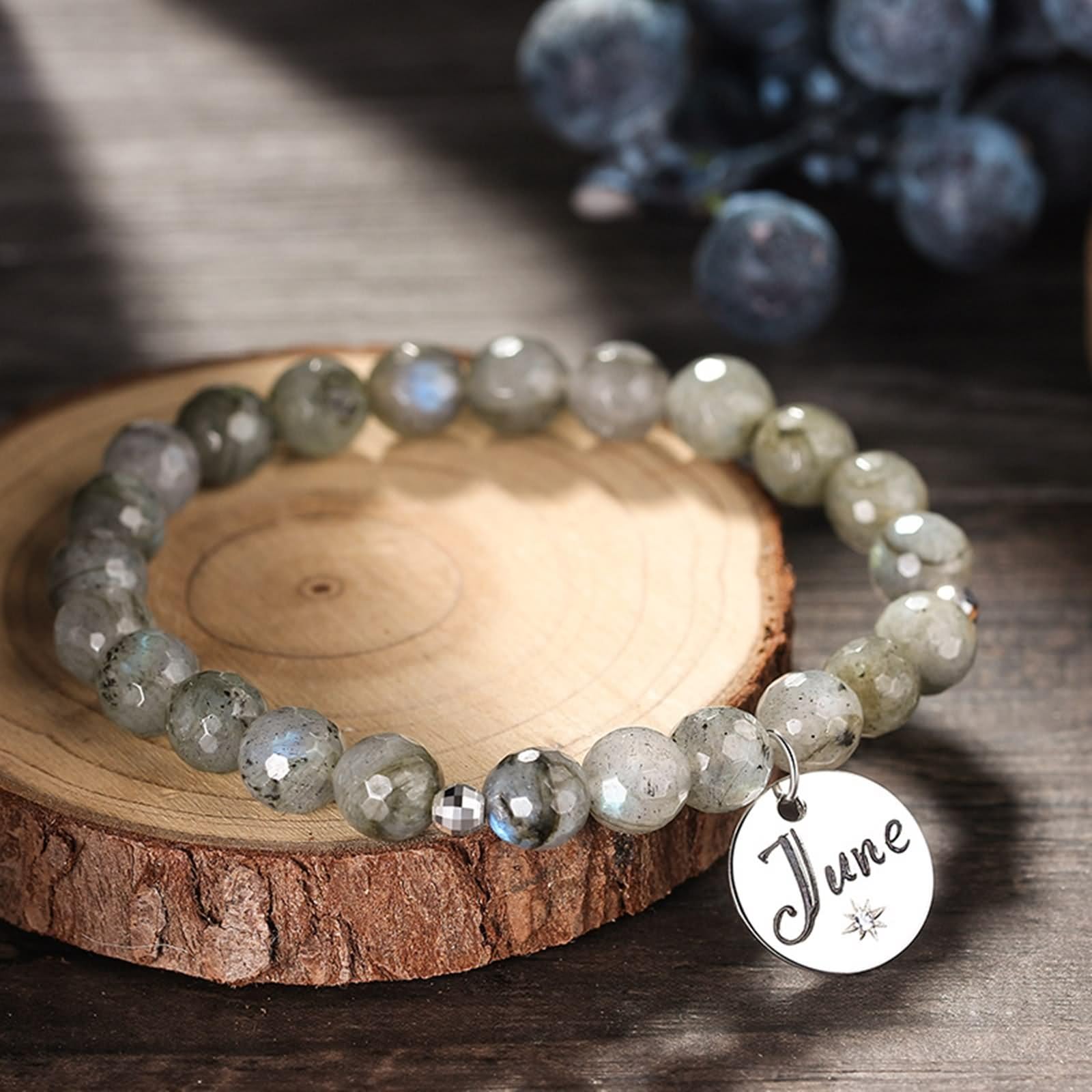 Pulsera de plata de ley, pulsera para mujer, piedra gris de moda con piedra natal de junio, cadena ajustable con circonita cúbica redonda blanca