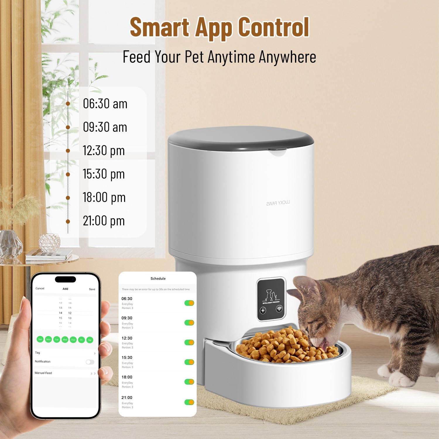 Dispensador Automático de Comida para Gatos y Perros 4L, Programable 1-6 Raciones al Día, Comedero Inteligente con Temporizador, Tolva de Gran Capacidad y Cuenco de Acero Inoxidable (Blanco- WiFi- 4L)