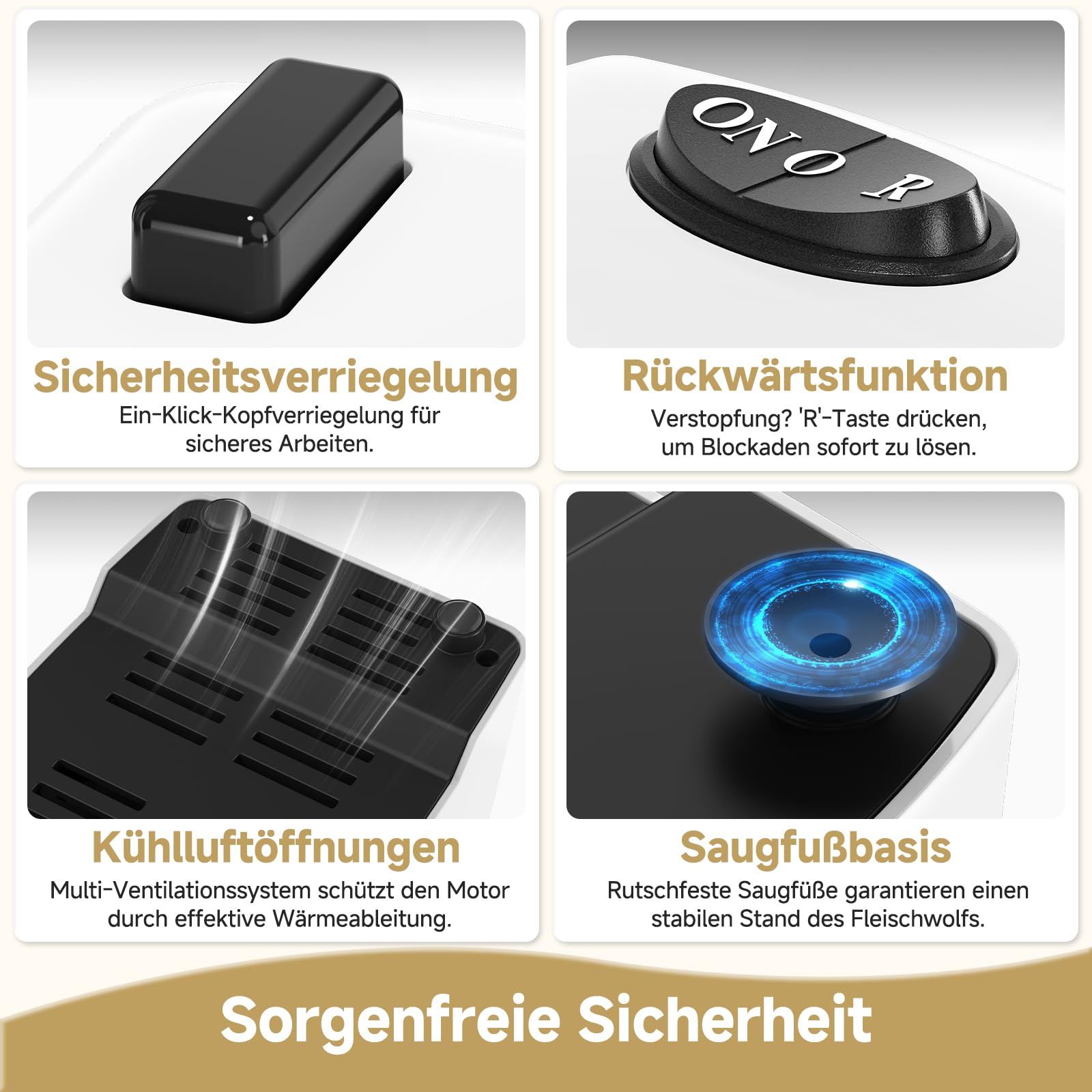 AMZCHEF Fleischwolf Elektrisch für Zuhause - mit 3 Platten, Wurstfüller & Kubbe-Kit | Ideal für Hackfleisch, Würste & Haushaltsküche
