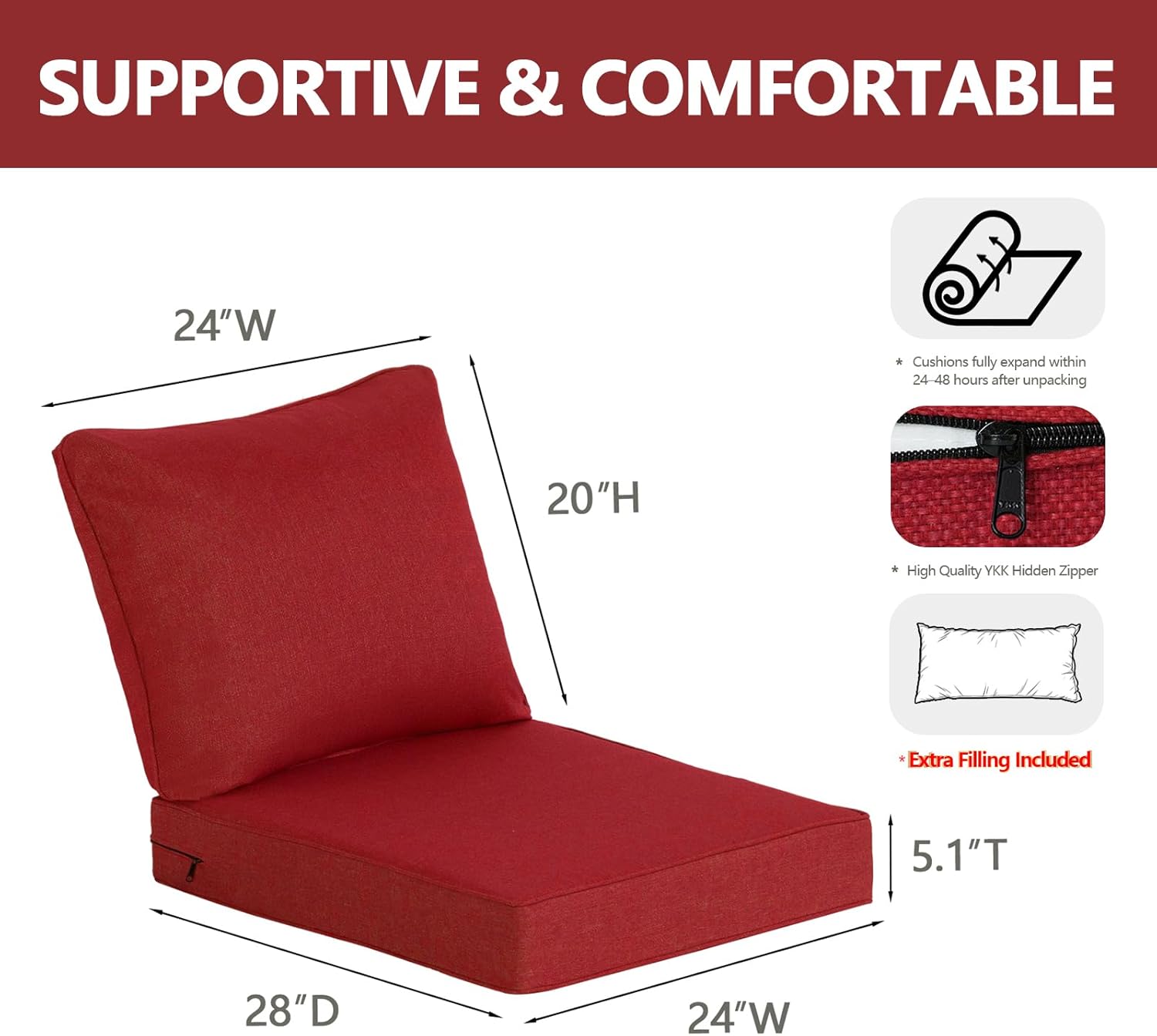 goodgoods 24 x 28 outdoor patio deep seat cushions 2-pack, 1000+ hours fade-resistant & water-resistant outdoor furniture chair cushions with 30d high-resilience foam for sofa chair, chili chili 24''x28''x5.1'' 2 sets