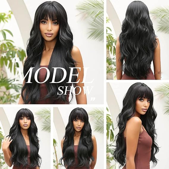 Long Wavy Black Wigs for Women Natural Synthetic Hair Heat Resistant Wigs for Daily Party Cosplay Wear-28 Inches
