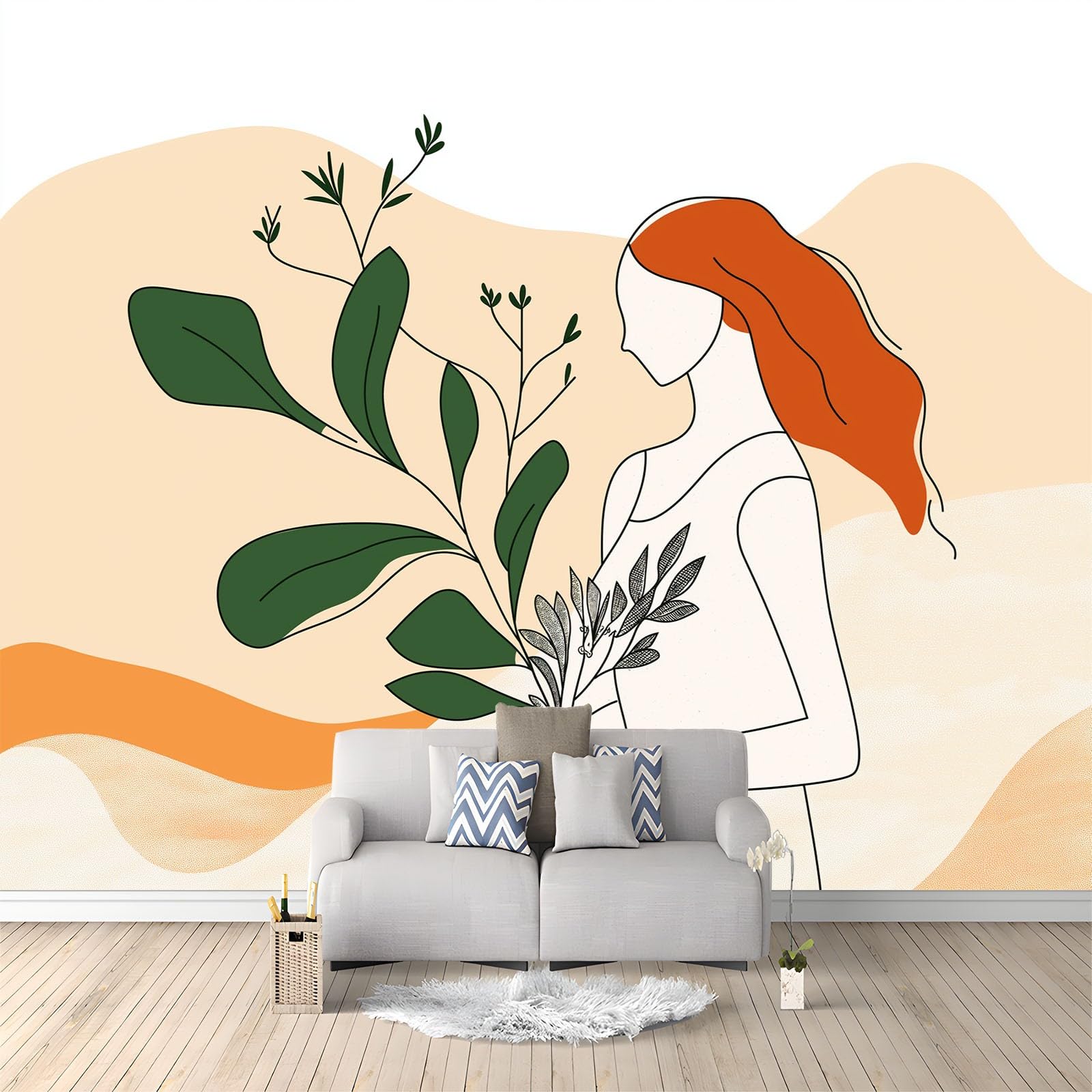 Minimalizm Kwiaty Zielone Rośliny 3D Drukowana Tapeta, 350 x 256 cm Fototapeta Fototapeta Zdejmowana Włóknina Salon Tło TV I Sofa, Beżowy