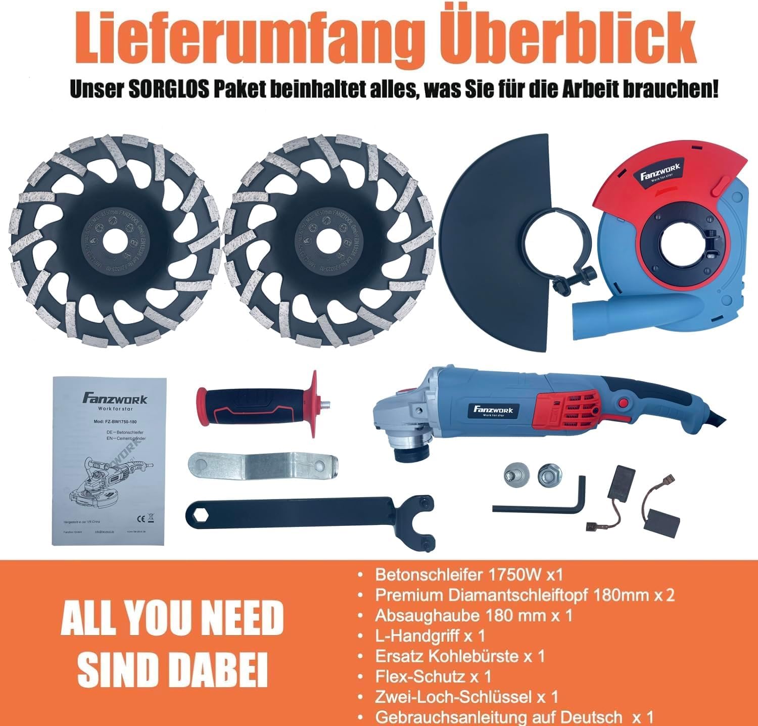 FANZWORK Zestaw szlifierek do betonu 1750W/180mm, 7500 min-1 obr/min, w tym 2 szt. Tarcze diamentowe Premium 180 mm, osłona ssąca, uchwyt w kształcie litery L