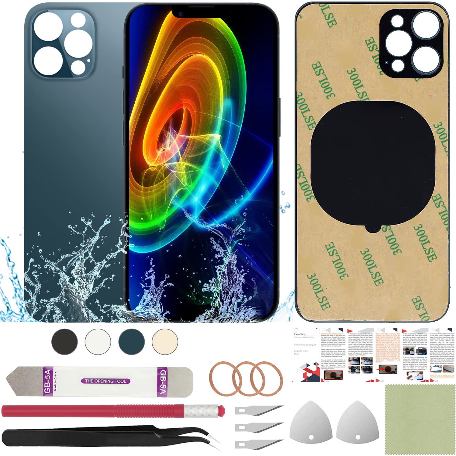 Rear Back Screen Glass Cover Replacement Compatible with iPhone 12 Pro 6.1" + Professional Tools (Pacific Blue)