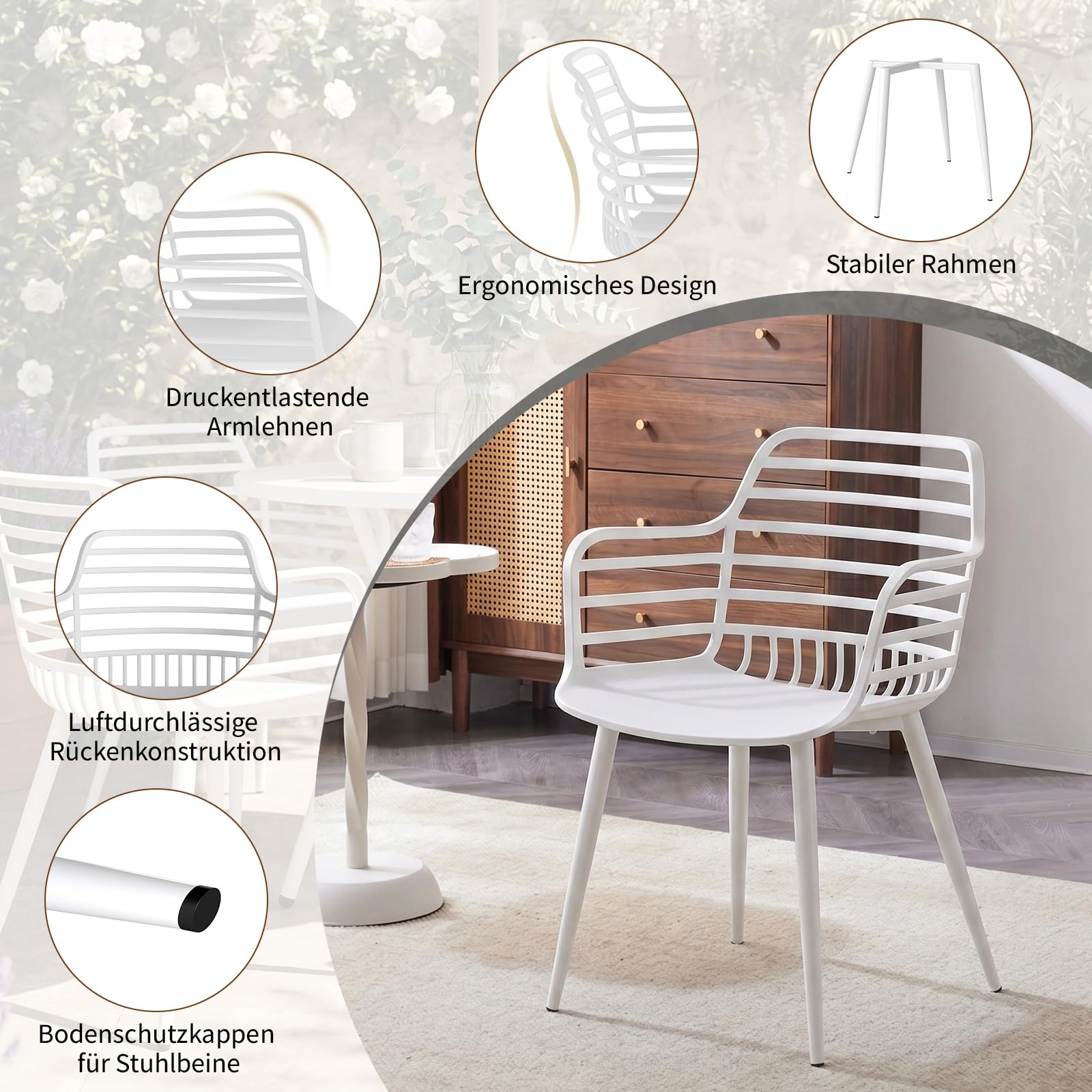 JIJIAN Essgruppe, Runder Weiß Esstisch mit 2 Weiß Armlehnenstühle, Durchmesser 80 cm, für Wohnzimmer, Café, Terrasse, Garten, Empfangsraum