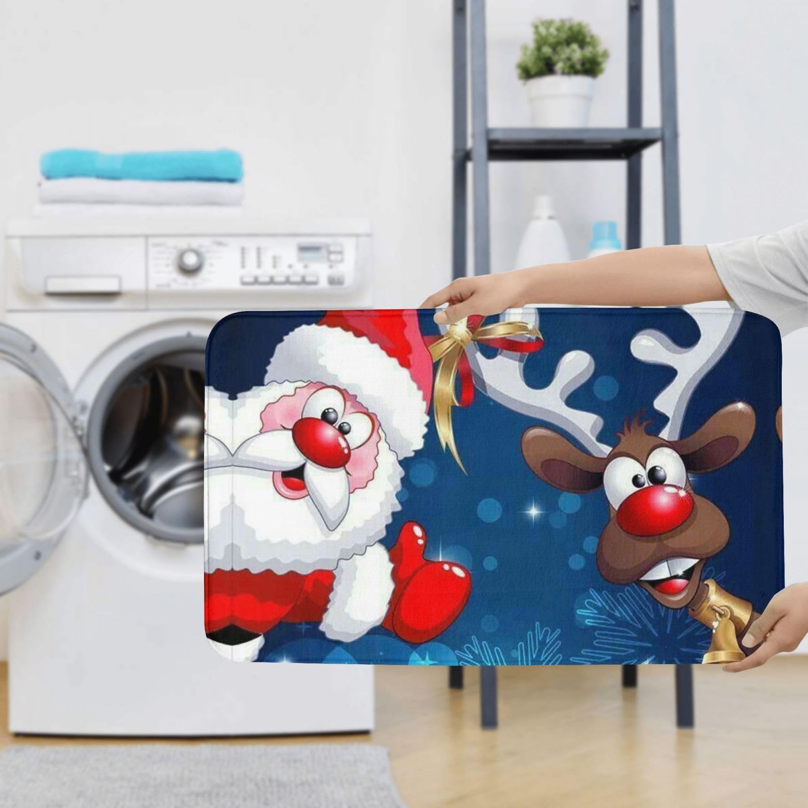 OUSIKA Set di tappetini da bagno con stampa di Babbo Natale e cervo e alce, 3 pezzi inclusi tappetino contorno tappetini assorbenti da bagno copriwater per bagno