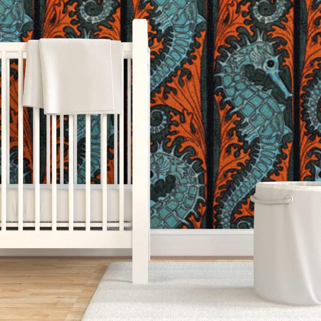 Removable Wallpaper 3ft x 2ft - Seahorse Stripe Mosaic Coral Aqua Ocean Arts Custom Pre-Pasted Wallpaper by Spoonflower