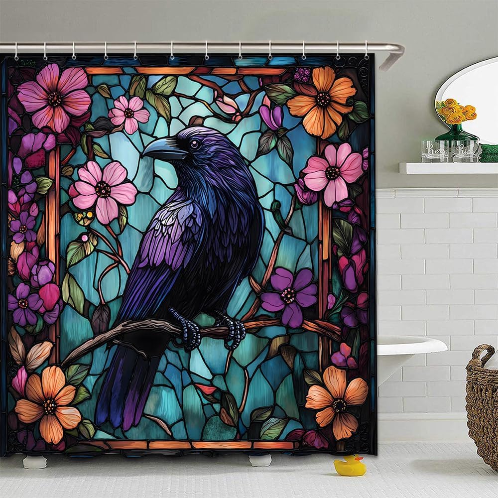 Stained Glass Crow Shower Curtain Gothic Halloween Raven Vintage Floral Branch Spooky Bird Flower Holiday Modern Bathroom Curtain Set Polyester Fabric Hooks 84 X 70 Inch