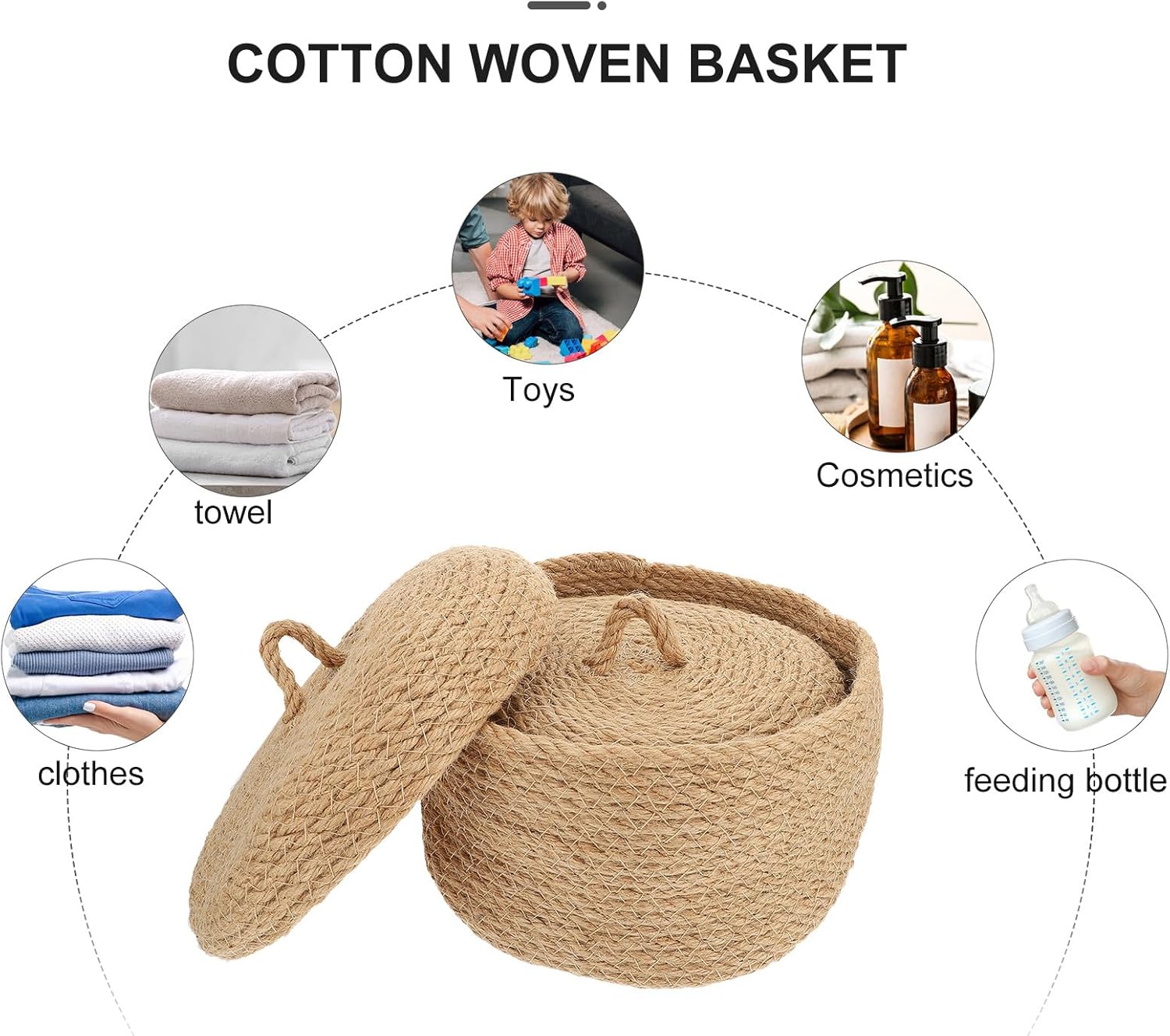 HOMSFOU Jute Sundries Storage Baskets with Lids, Medium and Small round Desktop Storage Containers for Home Organization, 2pcs Khaki Set