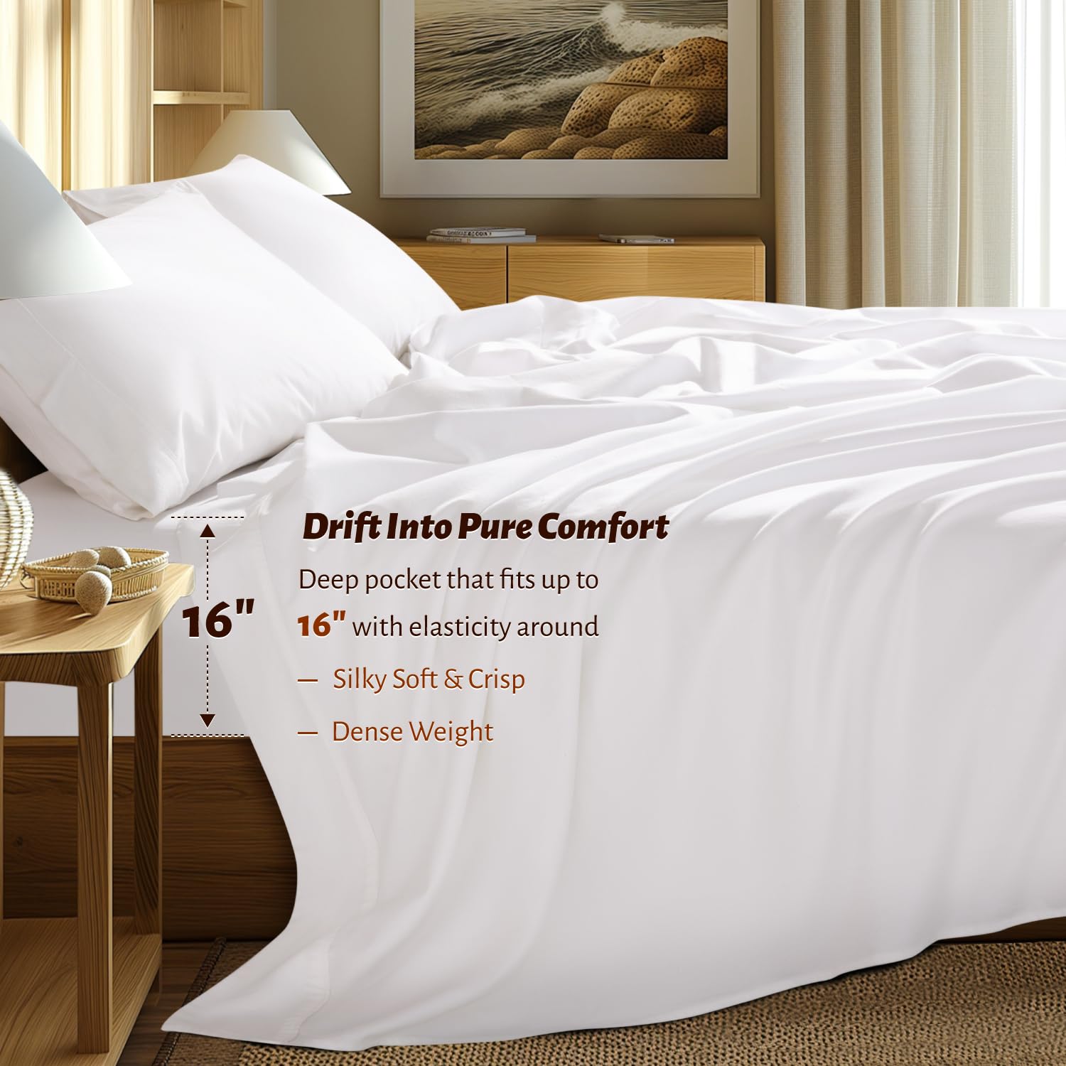 Shilucheng 100% Cotton Sheets, 4 Pieces Sheet Set, Breathable Cooling Bed Sheets with Deep Pocket Up to 16", Bedding Sheets & Pillowcases (King,White) — view 6