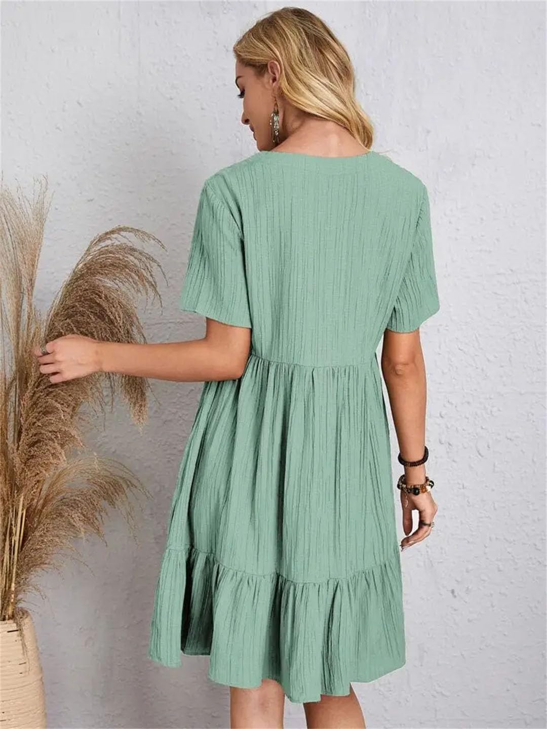 Elegancka damska sukienka z krótkim rękawem dekolt w serek falbany solidna luźna mini sukienka plażowa impreza Vestidos
