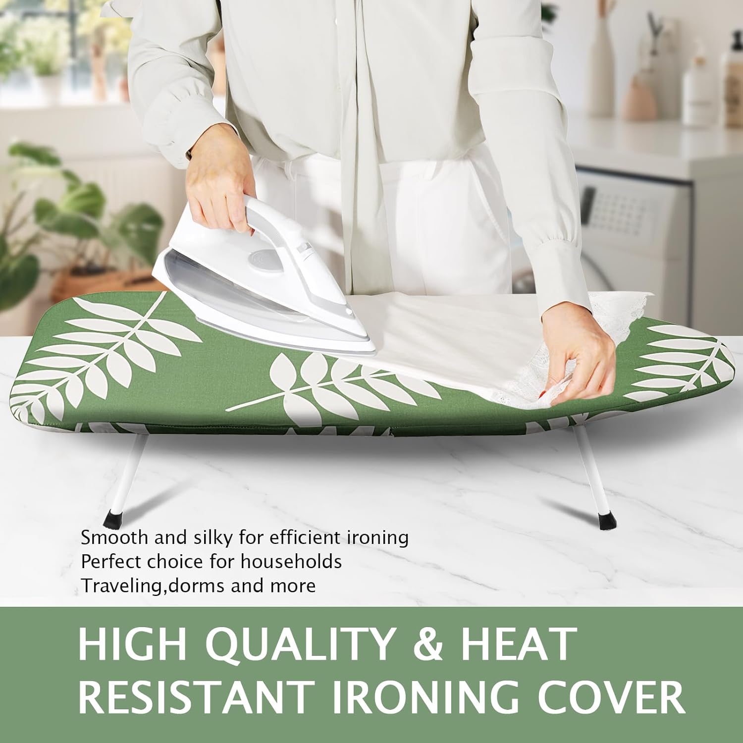 SheeChung Tabletop Ironing Board 12"x32",Small Ironing Boards with Heat Resistant Cover Pad,Portable Tabletop Ironing Board with Non-Slip Feet,Mini Folding Iron Board for Household Laundry,Green Leaf