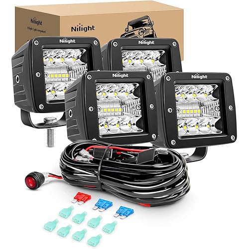 Nilight 4PCS LED Pods 3Inch 42W LED Cubes Upgraded Spot Flood Combo Driving Backup Reverse Light Bar w/Off Road Wiring Harness Kit -4 Leads for Pickup Car Trucks ATV UTV SUV, 2 Years Warranty