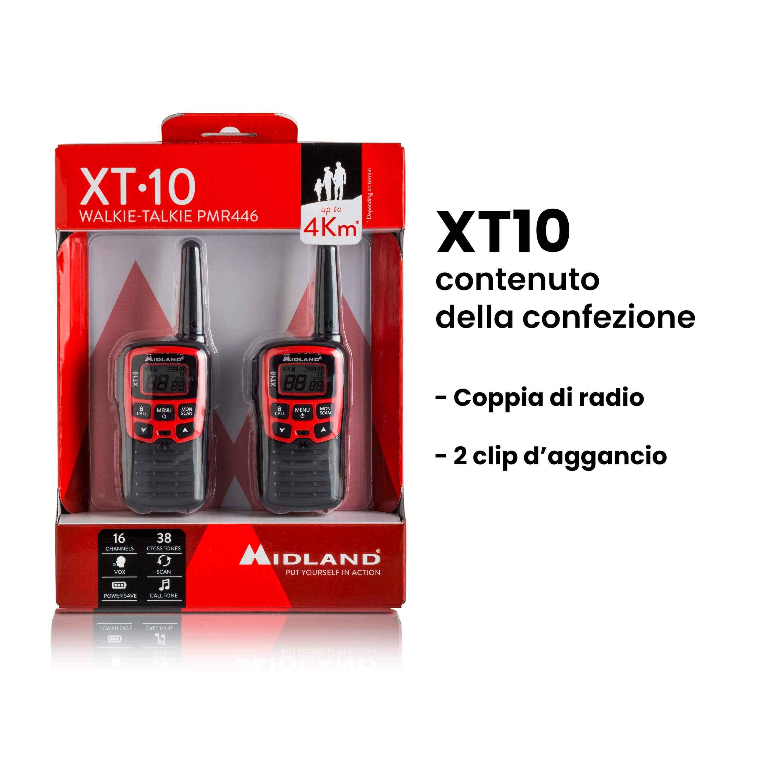 Midland - Walkie Talkie per Famiglie XT10, 2 Radio Ricetrasmittenti per Esterno e Famiglia - 16 Canali PMR446 Senza Licenza, Raggio 4Km, 38 Toni CTCSS, VOX, SCAN, 2 Clip Cintura Inclusi