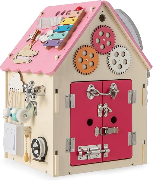 COSTWAY Drewniany domek do zabawy dla dzieci, edukacyjny domek z zabawkami sensorycznymi i miejscem do przechowywania, sensoryczna zabawka edukacyjna Montessori do umiejętności motorycznych, kostka