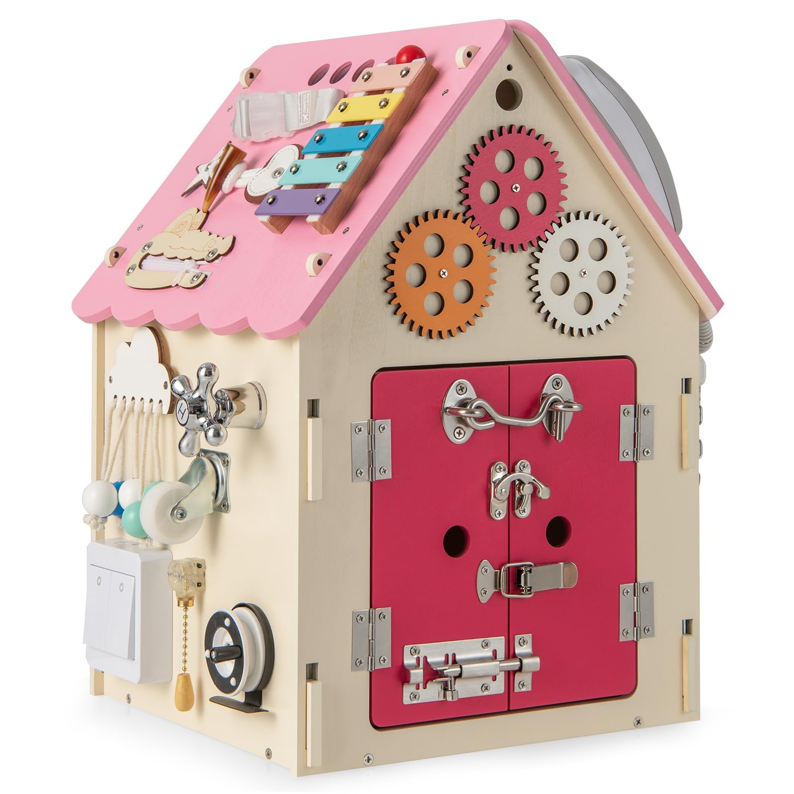 COSTWAY Kinder Spielhaus aus Holz, pädagogisches Spielzeughaus mit Sinnesspielen und Stauraum, sensorisches Lernspielzeug Montessori für die Feinmotorik, Aktivitätswürfel für Kinder ab 3 Jahren (Rosa)