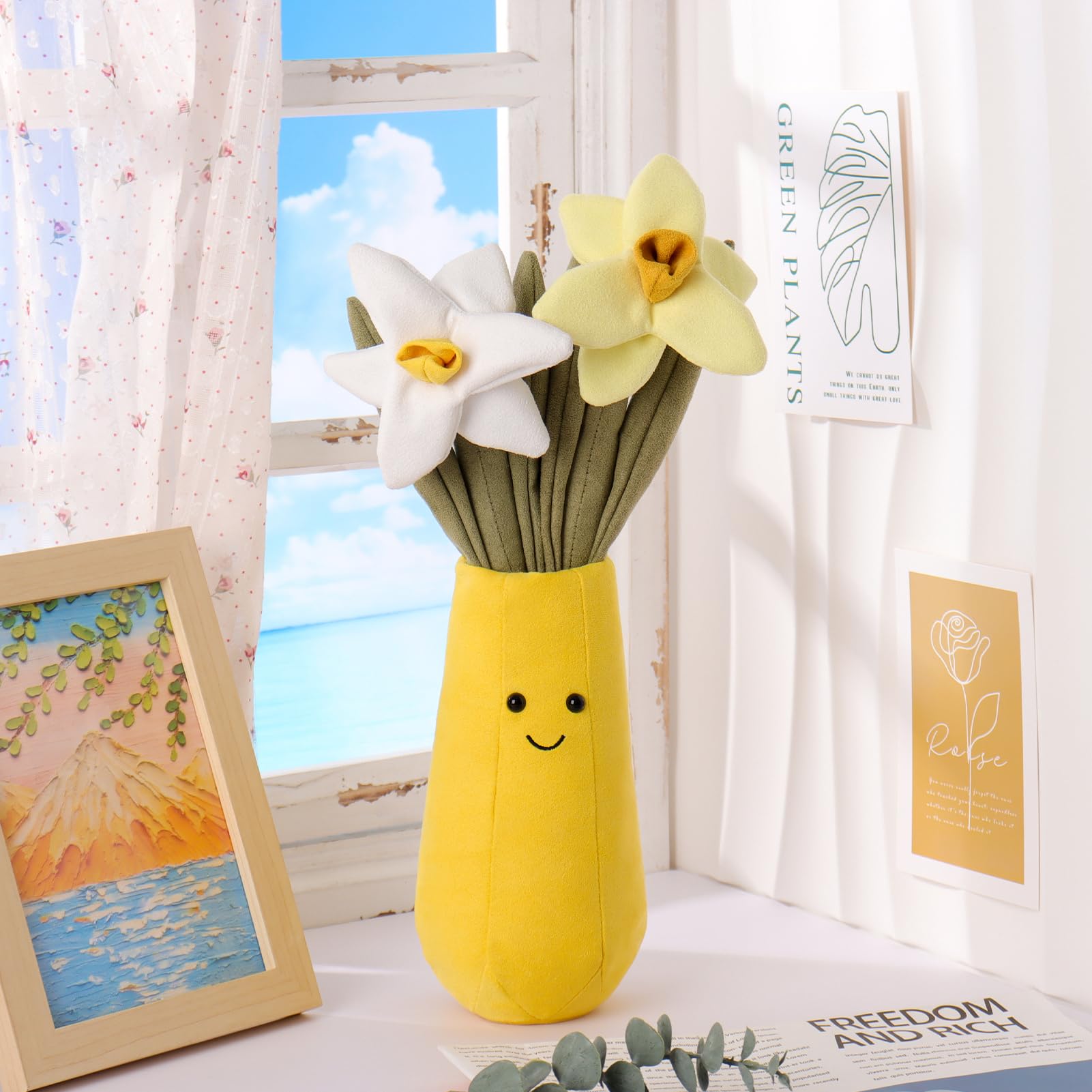 Apricot Lamb Blume Narzisse Vase Pflanze Blume Plüschtiere für Kinder, weiche niedliche Kuscheltier für Baby Mädchen und Jungen, Flauschige Blume Narcissus Vase Pflanze Gelb 36 cm