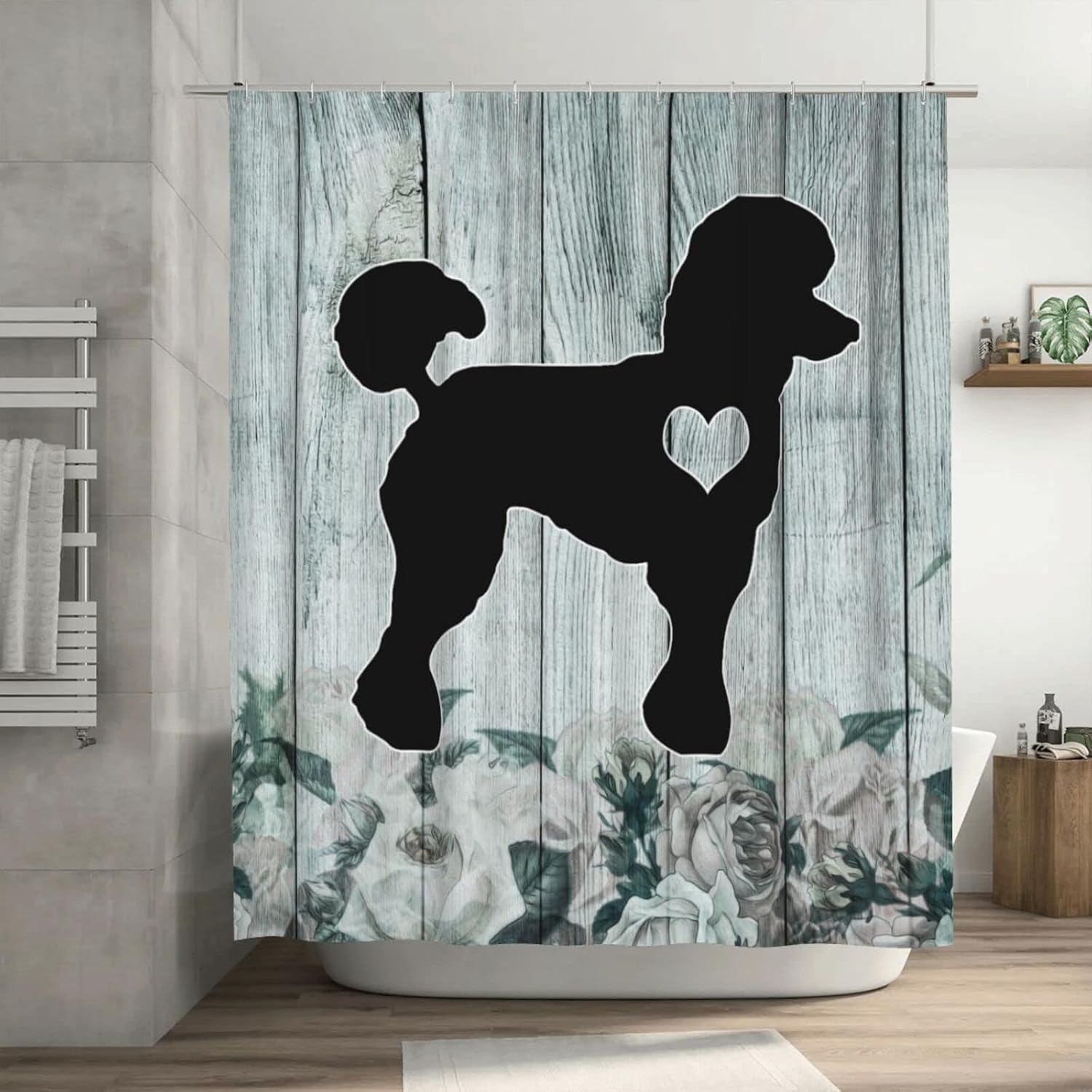 Poodle Dog Silhouette Shower Curtain Heart, 72" W x 72" L Bath Curtain for Bathroom Decor, Washable Polyester with Hooks