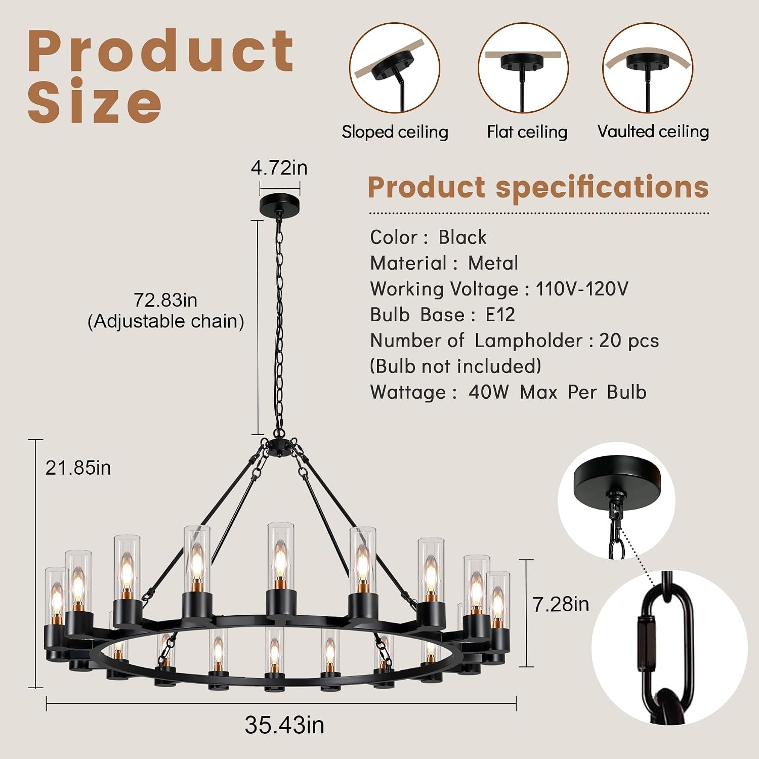 Wagon Wheel Chandelier, 20 Lights Extra Large Black and Gold Wagon Wheel Chandelier with Glass Shade Round Black Chandelier Large Big Chandelier for High Ceiling Living Room Bedroom Dining Room