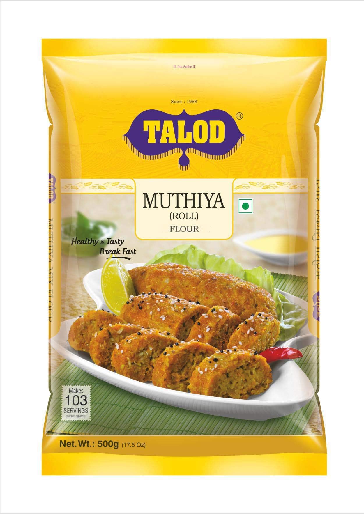 Talod Instant Mix Muthiya Flour (Pack of 500 g) | 100% Vegetarian, Wheat Gluten Free, Vegan Friendly, No Preservative, No Artificial Flavours, No Artificial Colors, No MSG | Makes 117 Servings in 30 Mins from 500 g Pack
