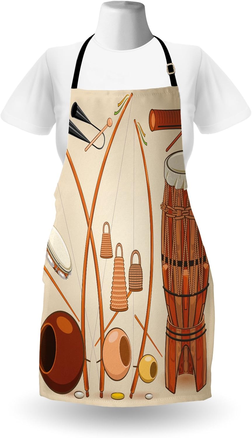 Lunarable Music Apron, Brazilian Capoeira Instruments Djembe Bongo Percussion Rhythm Tribal Culture, Unisex Kitchen Bib with Adjustable Neck for Cooking Gardening, Adult Size, Cream Brown