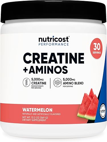 Nutricost Creatina + Aminos 30 porciones (sabor a sandía) 5,000 mg de monohidrato de creatina + 5000 mg de mezcla de amino BCAA por porción
