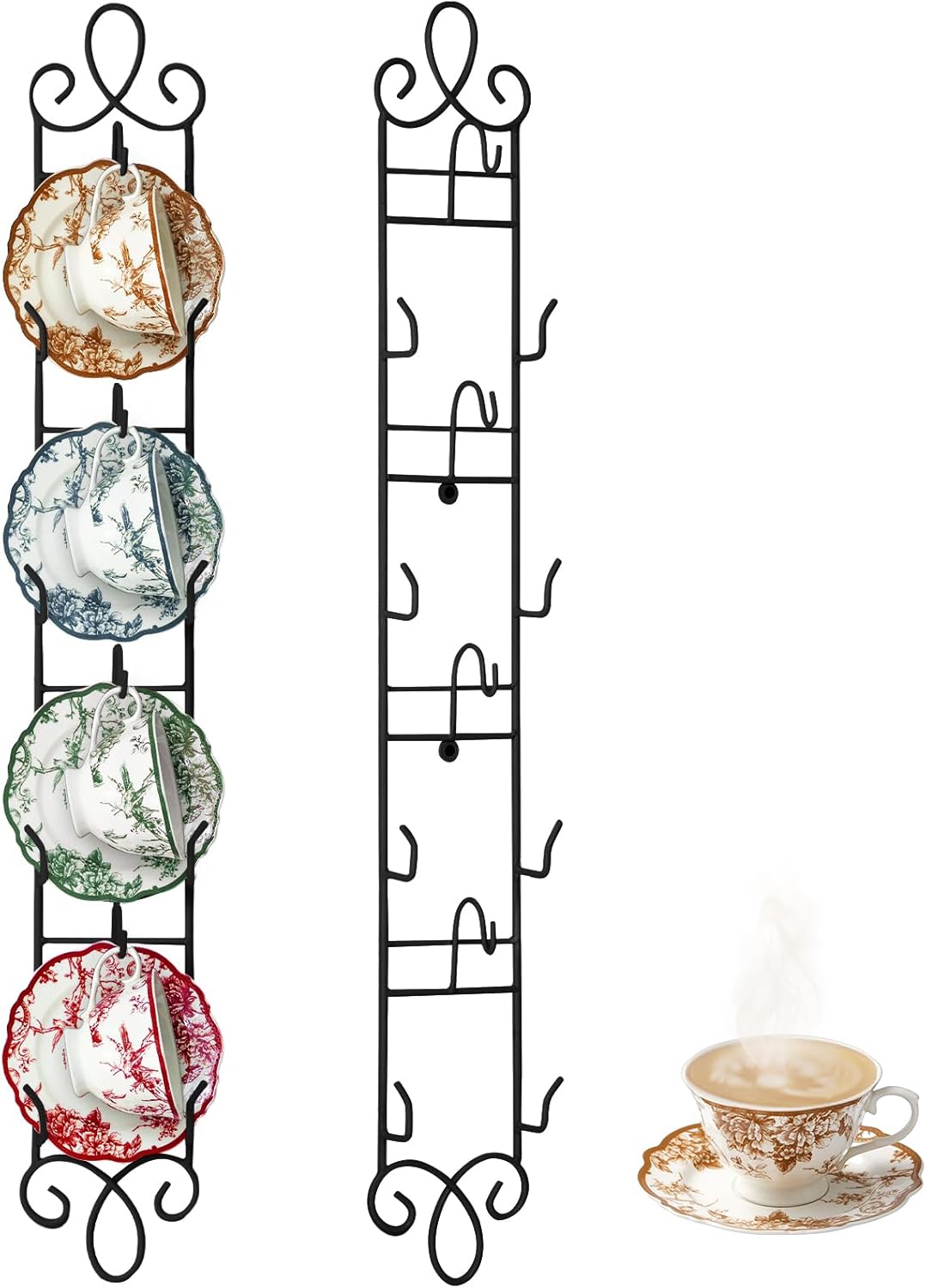 Blulu 2 Pcs 36'' x 5'' Tea Cup and Saucer Display Stand 4 Tiers Vertical Wall Mounted Cups and Plate Holder Wall Plate Hangers Decorative Brackets for China Coffee Mug Organizer Farmhouse (Black)