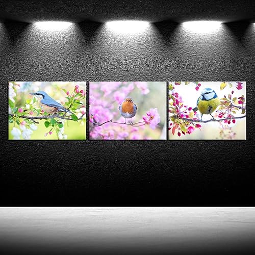 Miniatura 2 de iKNOW FOTO 3 piezas de impresión en lienzo de pájaros de primavera para baño, dormitorio, cocina, decoración del hogar, flores florecientes, arte de