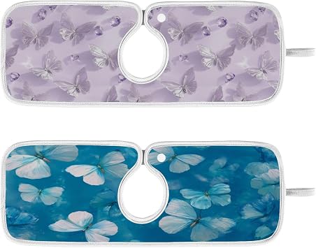 Ink Blue Butterfly Light Purple Butterfly Sink Mat for Faucet Sink Splash Guard Faucet Handle Drip Catcher for Kitchen Bathroom Absorbent Microfiber Dish Drying Mat with 1 Hole 2pcs S