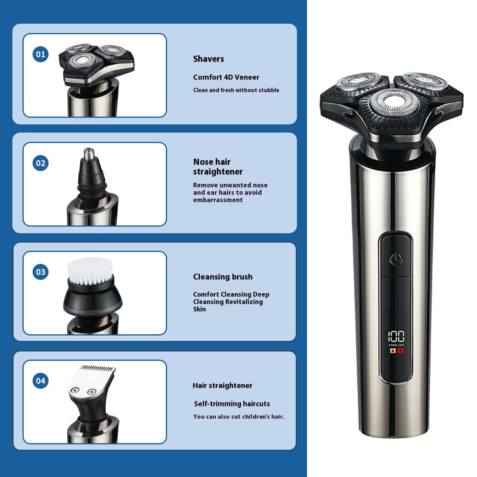 Rasoio elettrico ricaricabile tramite USB con 3 testine IPX7
