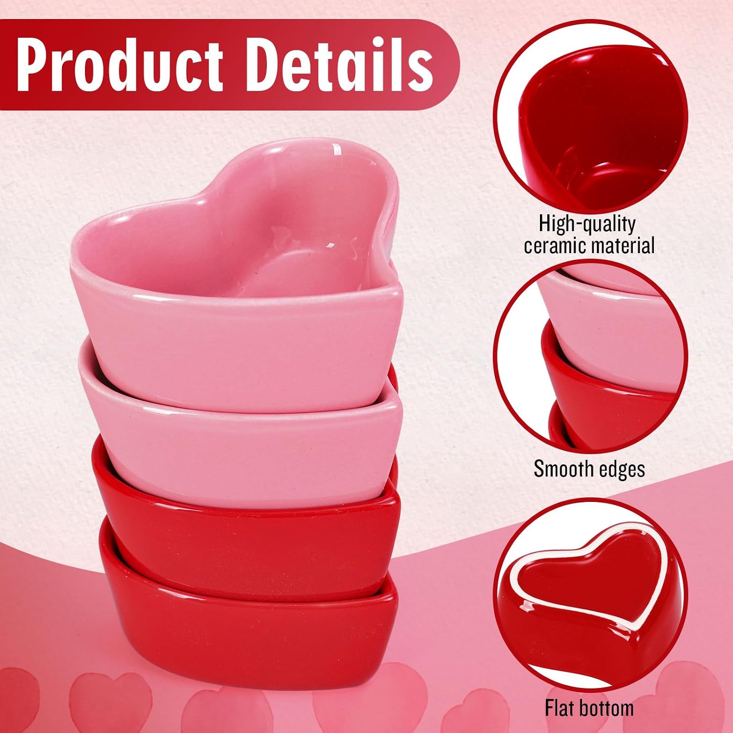 Whaline 4 Pcs Valentine's Day Sauce Dish Ceramic Side Dish Bowl Red Pink Heart Jewelry Ring Dishes Tray for Home Kitchen Wedding Birthday Holiday Party Table Decor