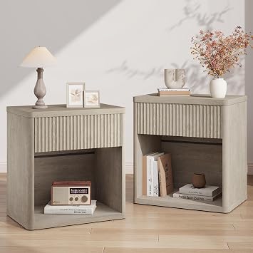 LubanNese Fluted Nightstands Set of 2, Modern Night Stands with Drawer, Bedside Table with Storage Open Shelf, Mid Century Large Wide Wood End Table for Bedroom Living Room, Grey Oak