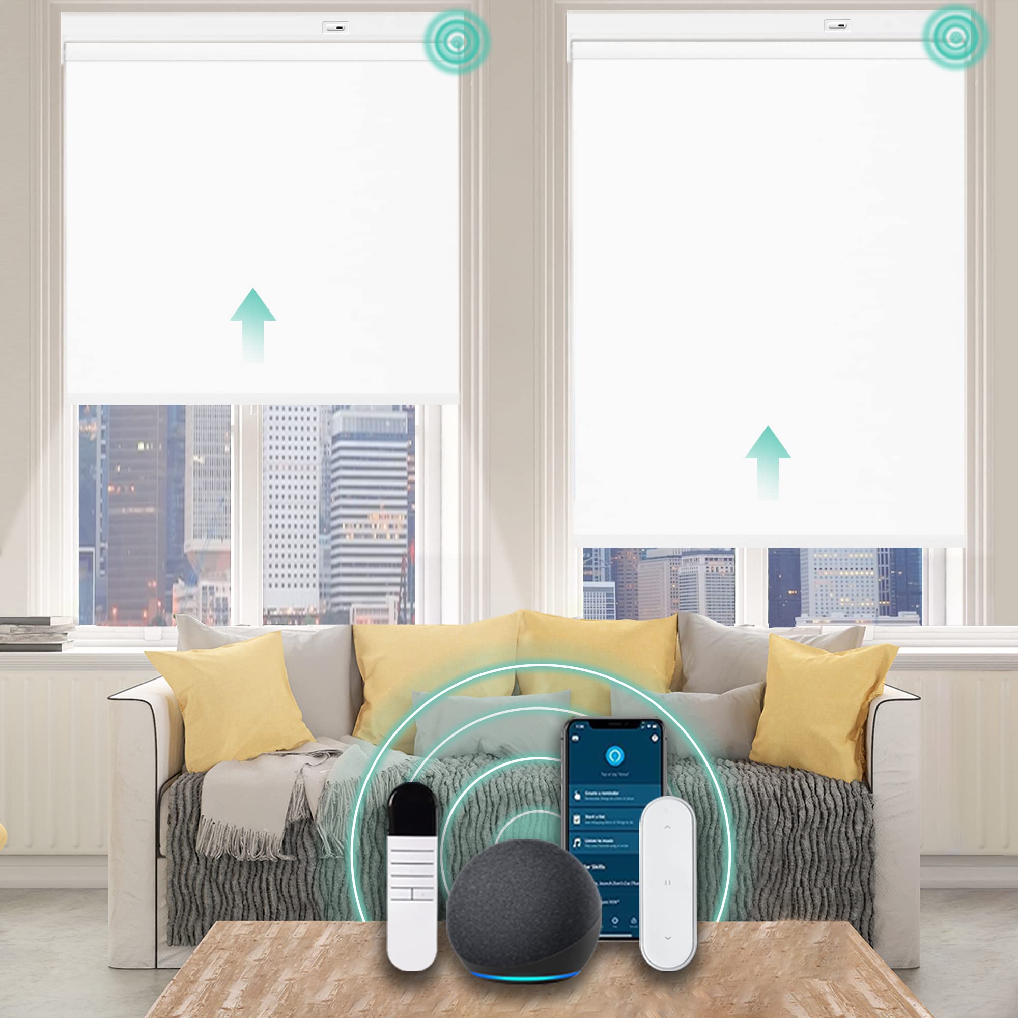 AllesinMotorized Roller Shade Blinds Work with Alexa for Window, 60% Blackout Smart Shades Cordless with Remote Control, Electric Automated Blinds, Customized Size, Lithium Battery Motor(White)