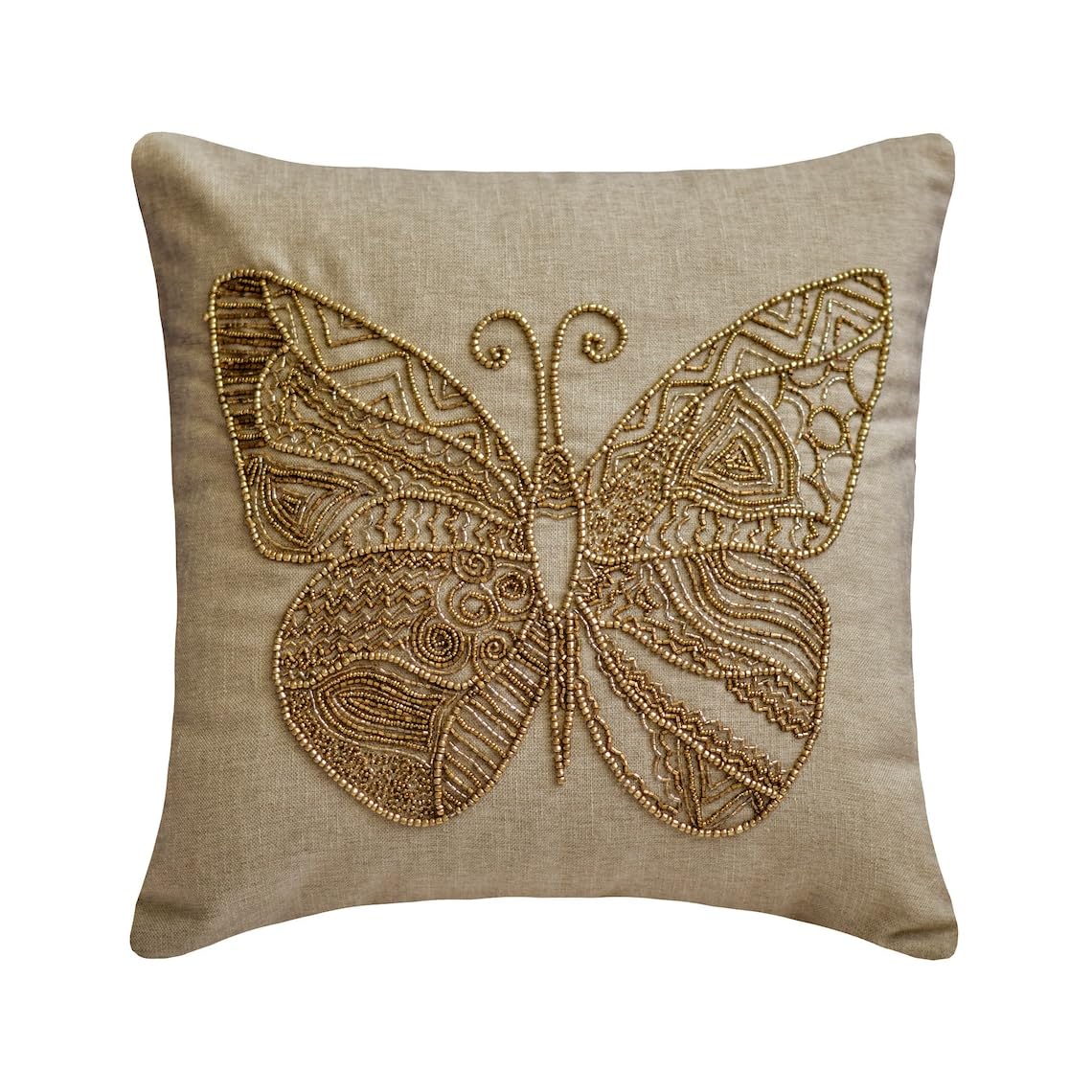 The HomeCentric Beige Pack of 2, 50x50 cm (20"x20") Accent Cushion Covers, Linen Butterfly & Beaded Accent Cushion Covers, Nature & Floral Pattern Modern Style - Chrysallis โ image 1