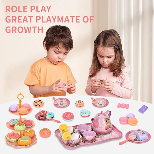 Miniatura 6 de Flormoon Juego de té para niña, juego de té de princesa de 50 piezas, juguete de cocina de simulación, juguete de aprendizaje de formas y colores