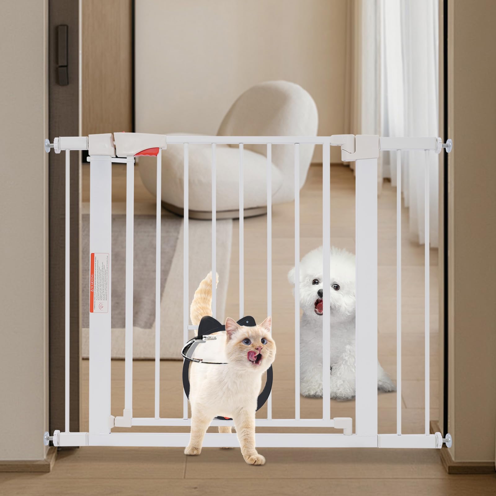 Rejilla de protección para puerta para perro, 75-103 cm, ajustable, barrera para perros sin taladrar con puerta para mascotas, 76 cm de alto, doble cierre, puerta de barrera para perros, color blanco